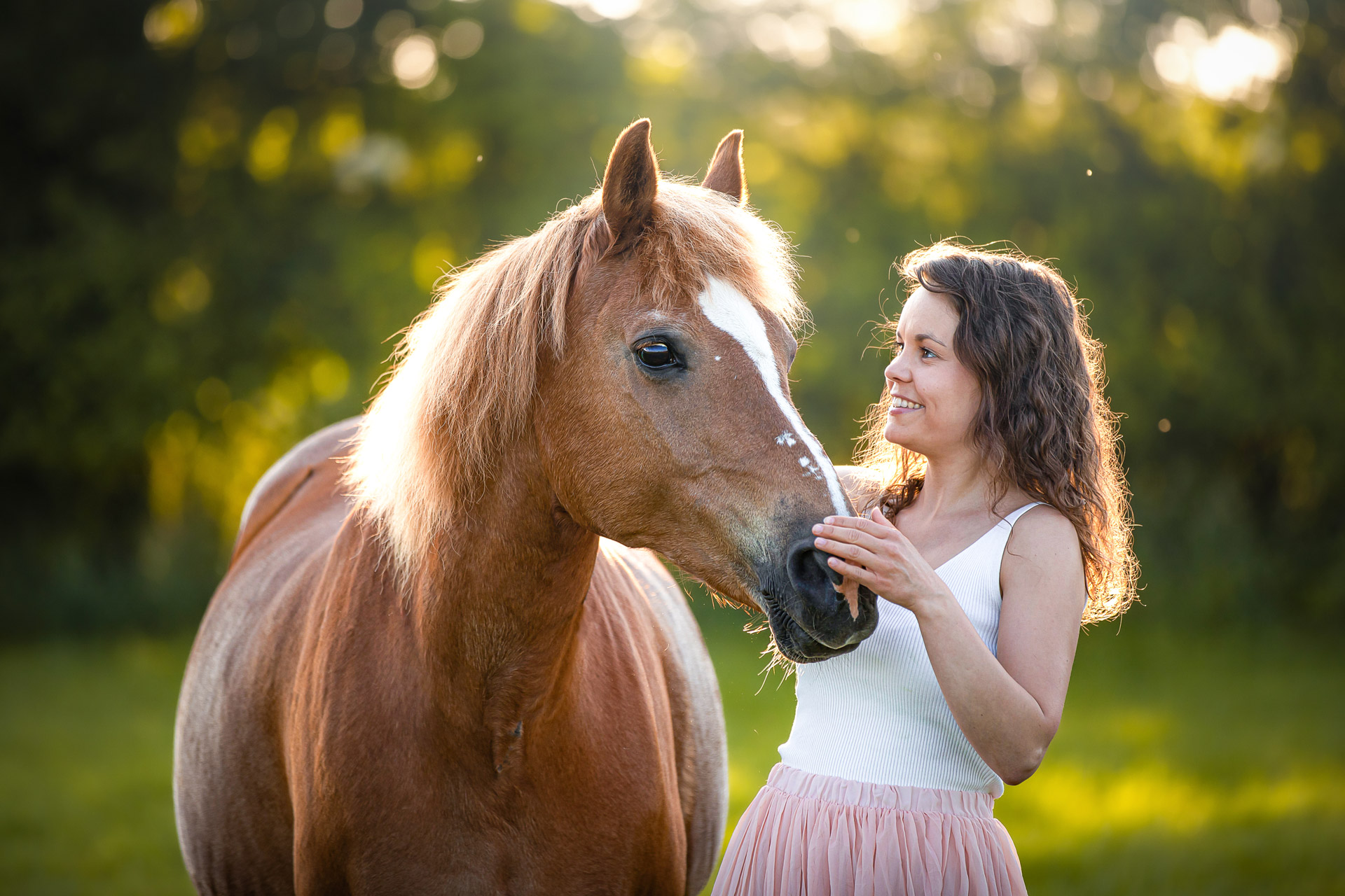 Pferd und Reiterin im Sommerkleid kuscheln im Sonnenuntergang